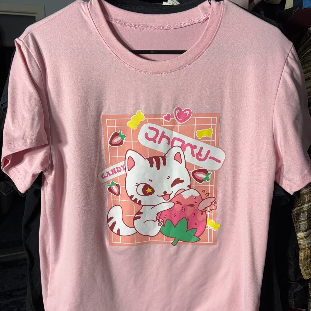 ROMWE Women's Pink Kawaii Strawberry & Cat Graphic Tee T-Shirt SZ Small